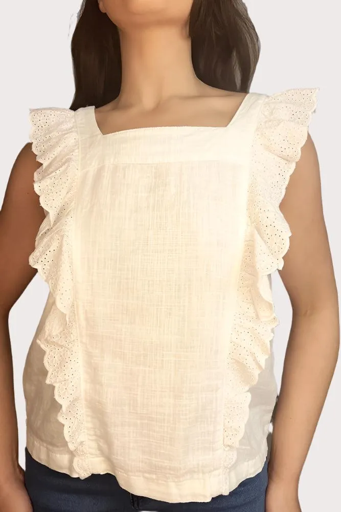 Off White Linen Blend Frilled Summer Top