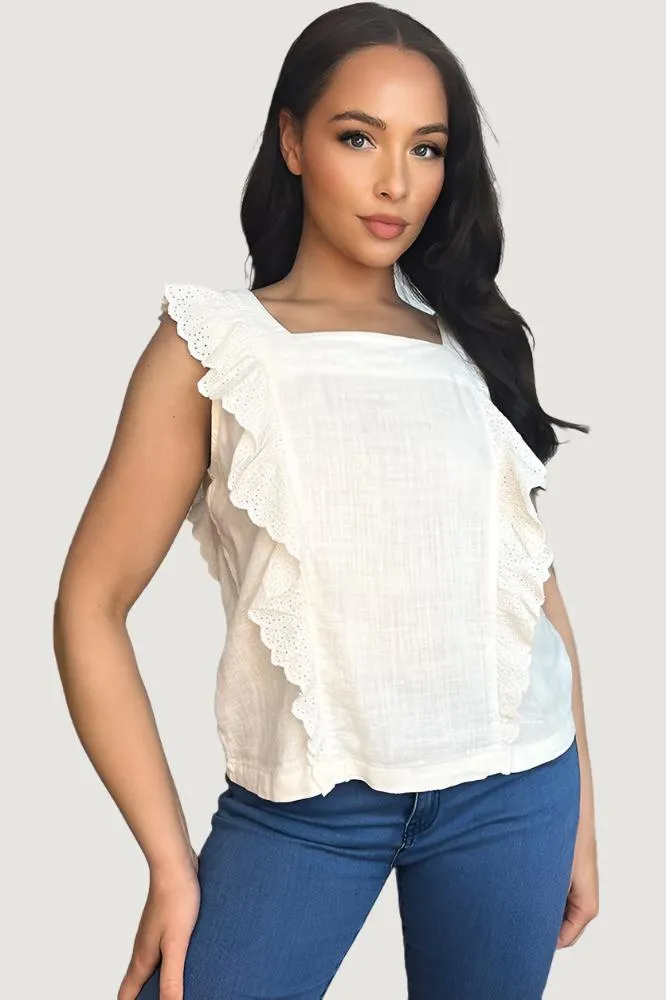 Off White Linen Blend Frilled Summer Top