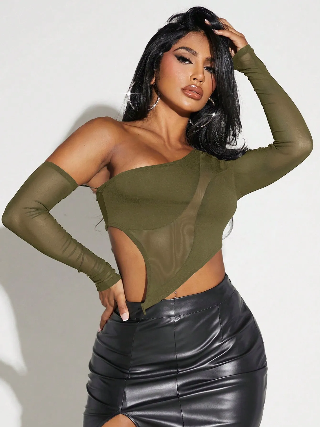 One Shoulder Mesh Asymmetrical Crop Top