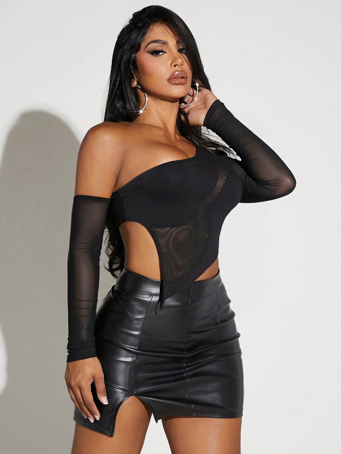 One Shoulder Mesh Asymmetrical Crop Top