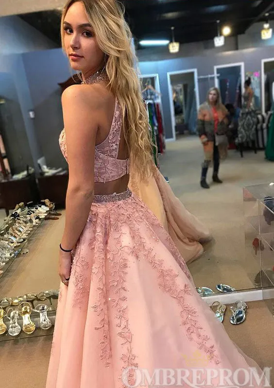 Pink Two Piece Halter Lace Prom Dresses with Beading