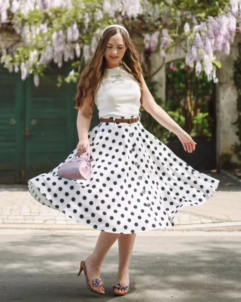 Polka Dots Swing Skirt with Belt Elastic High Waist Buttons Decorated Skirt