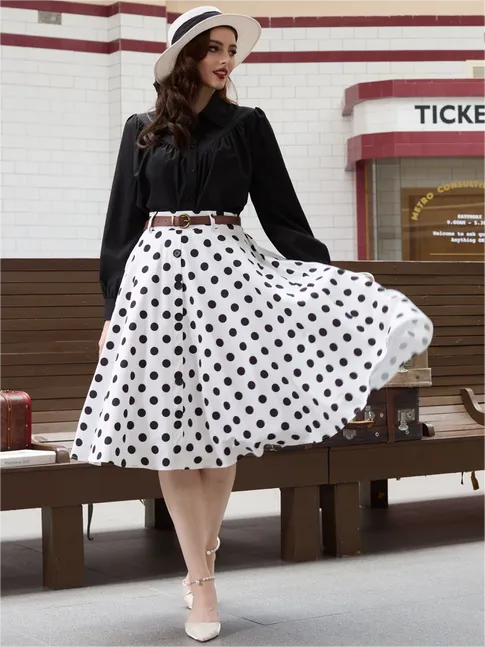 Polka Dots Swing Skirt with Belt Elastic High Waist Buttons Decorated Skirt