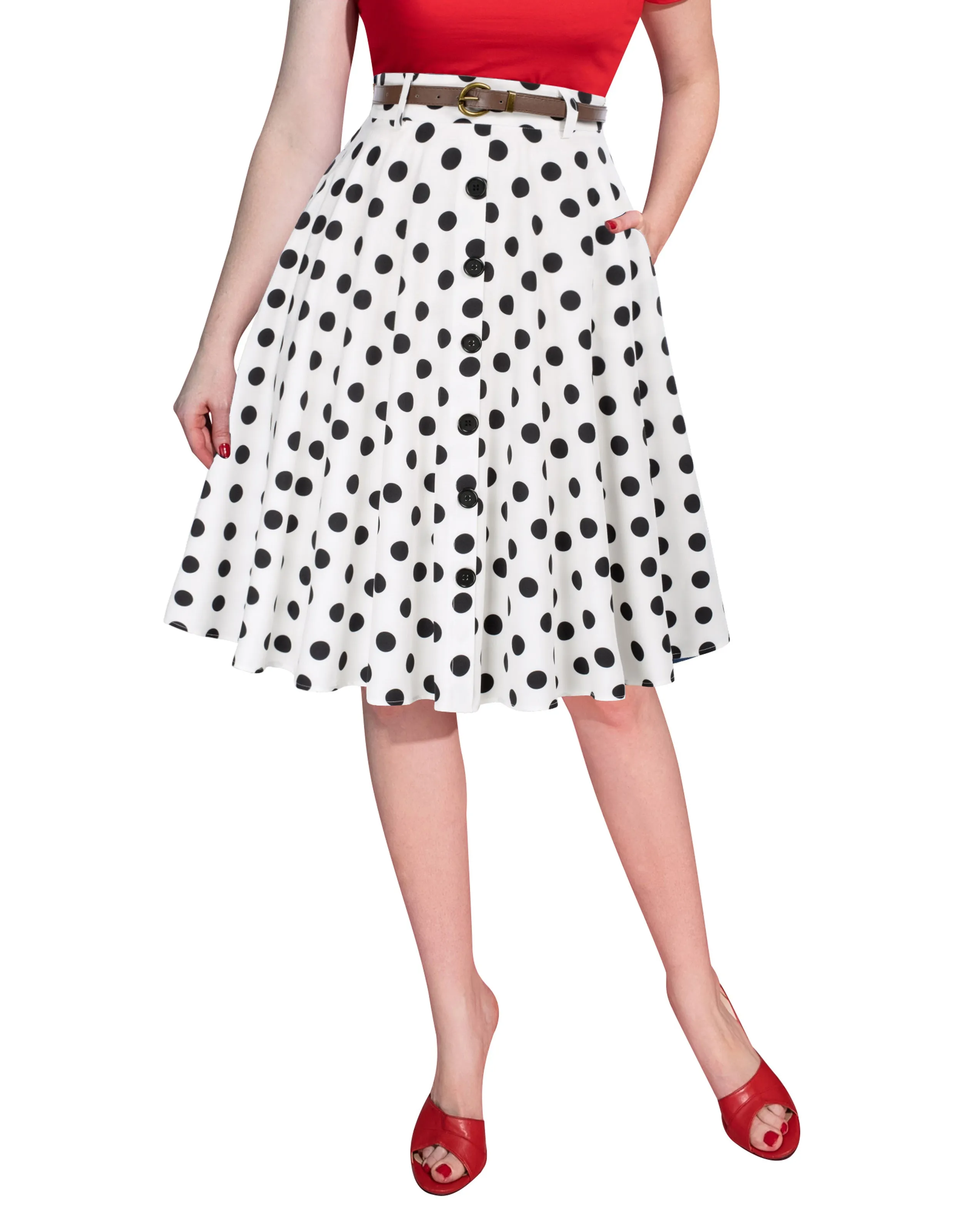 Polka Dots Swing Skirt with Belt Elastic High Waist Buttons Decorated Skirt