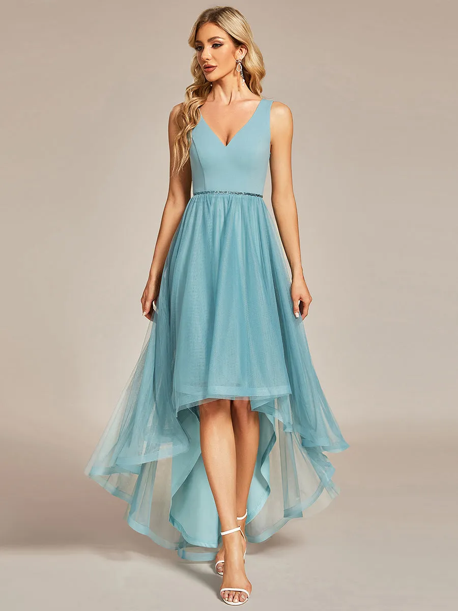 Pretty High Low V Neck Tulle Wholesale Prom Dresses