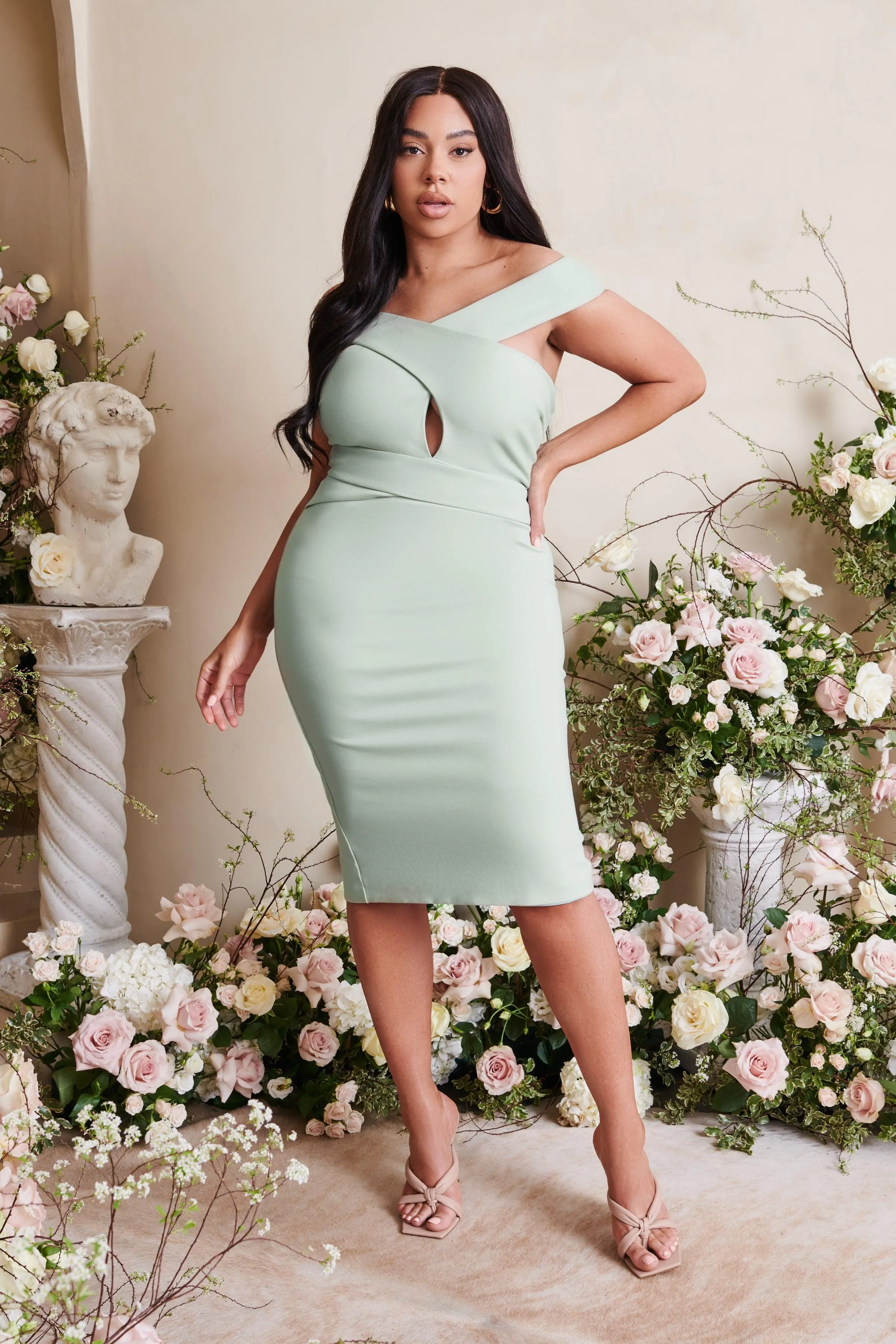 RAELYNN Curve Off Shoulder Wrap Ponte Dress in Sage