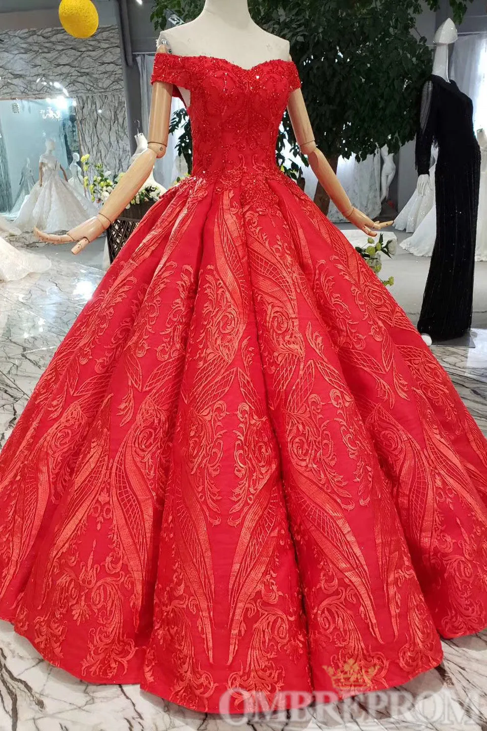 Red Ball Gown Off Shoulder Lace Up Prom Dresses with Sequins