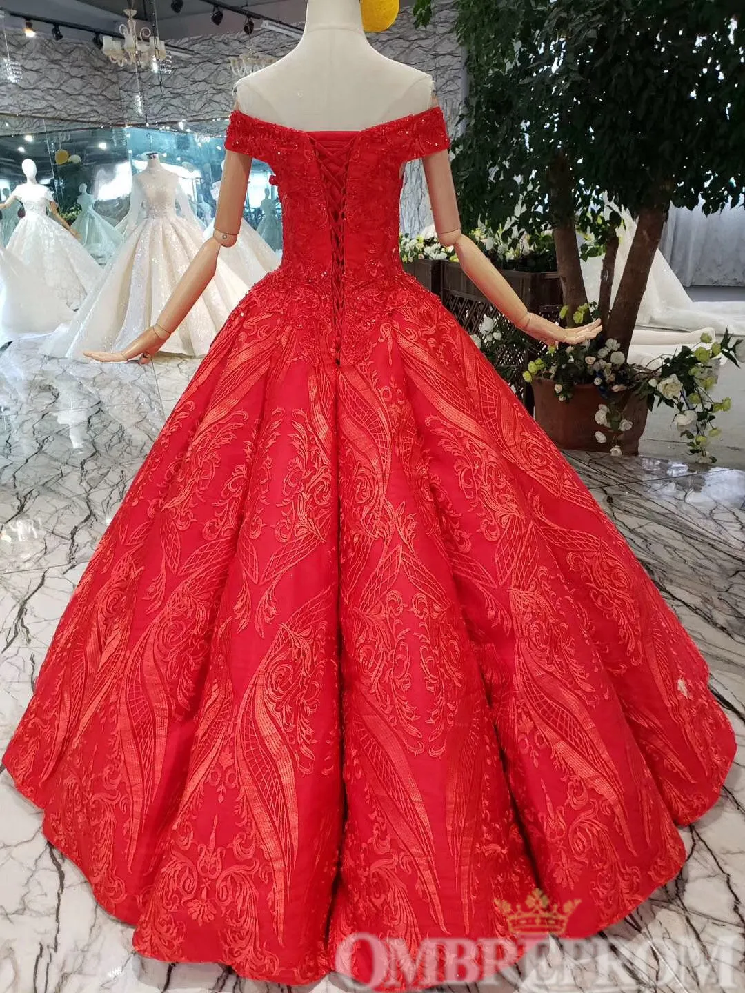 Red Ball Gown Off Shoulder Lace Up Prom Dresses with Sequins