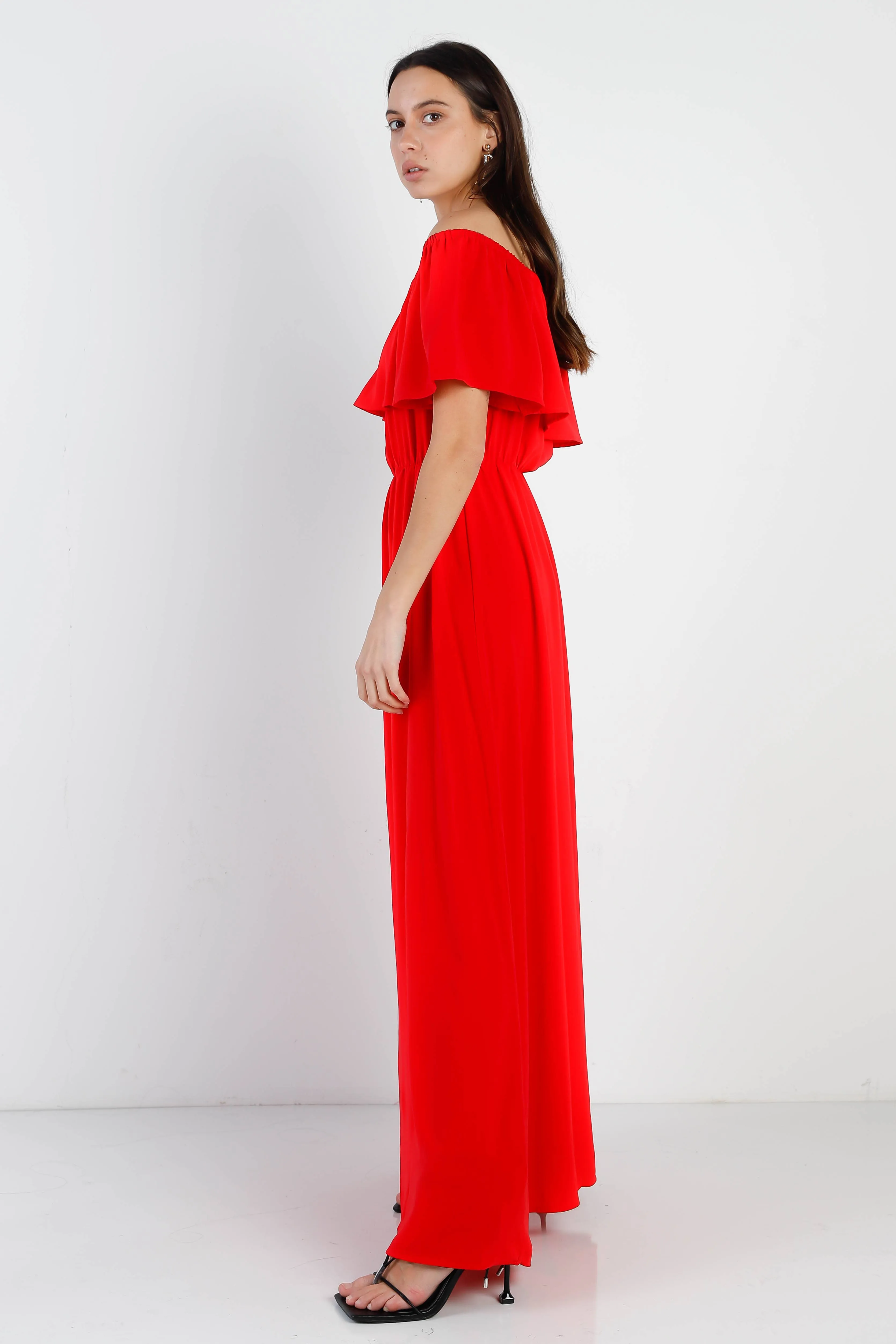 Red Off Shoulder Ruffle Maxi Dress