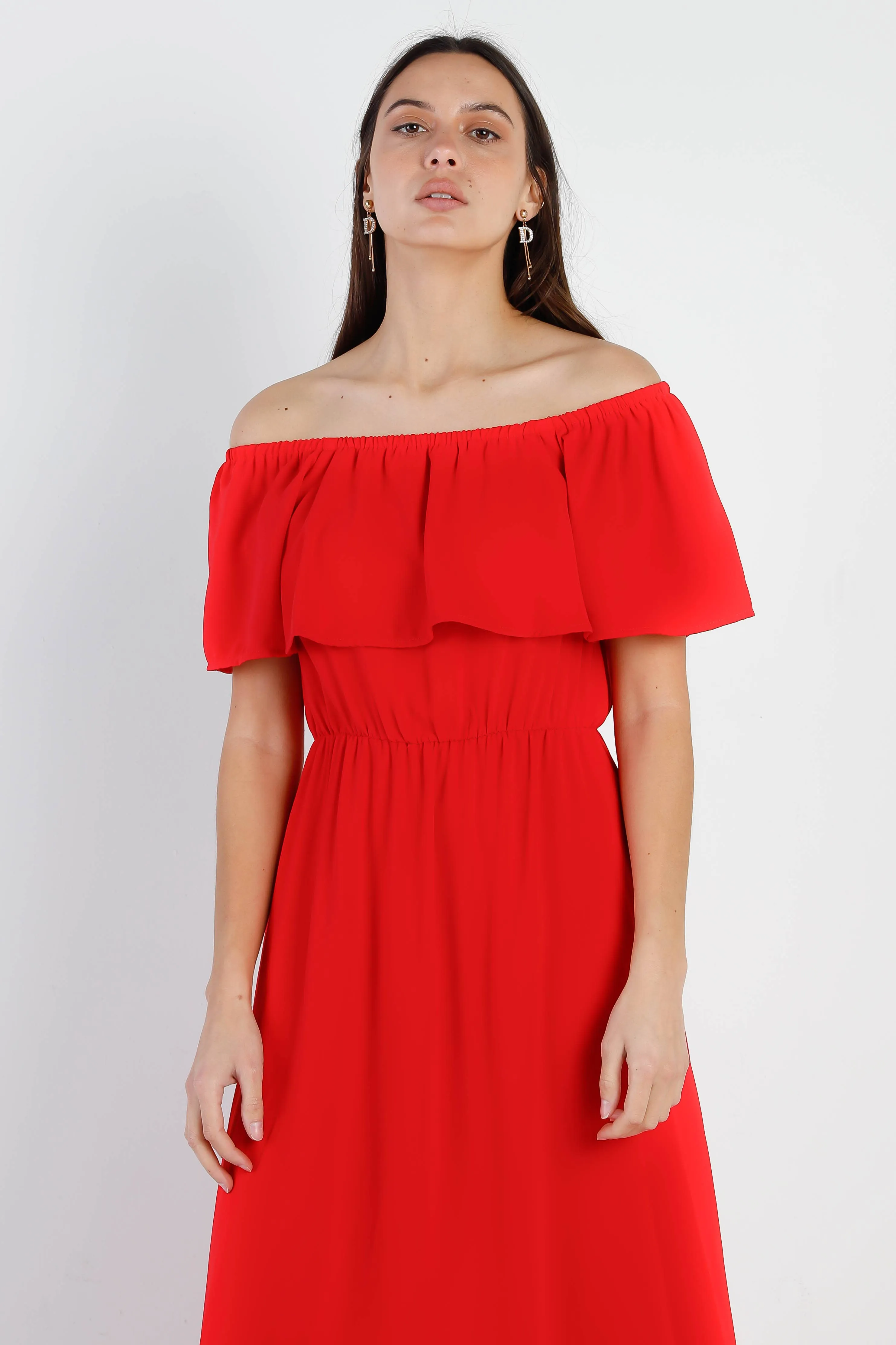 Red Off Shoulder Ruffle Maxi Dress