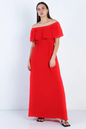 Red Off Shoulder Ruffle Maxi Dress