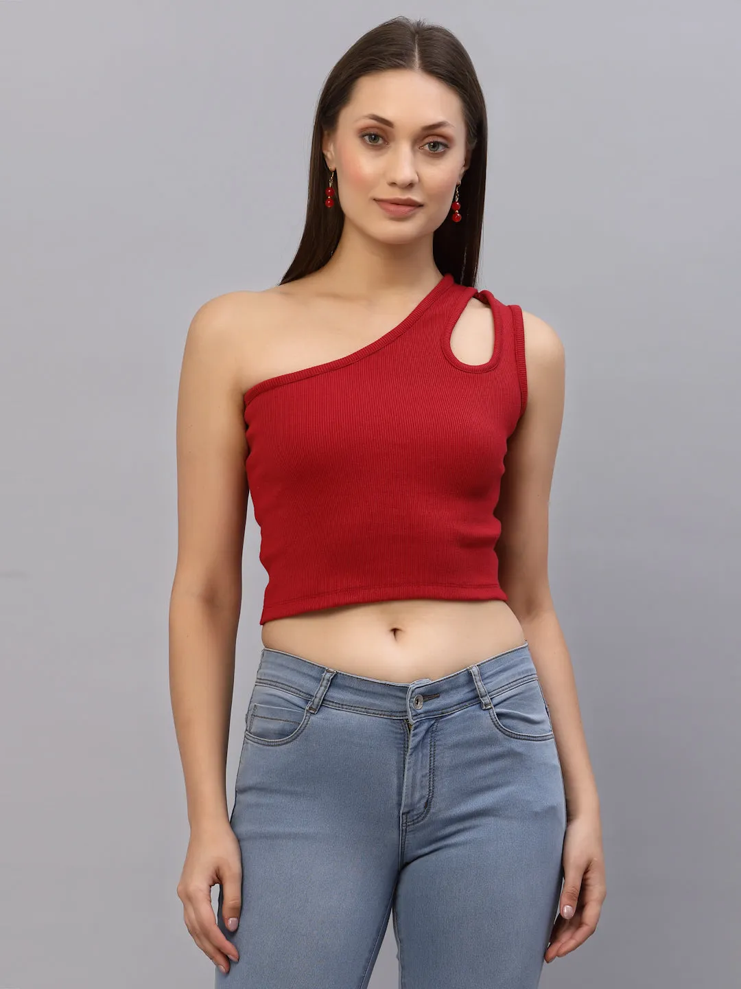 Red One Shoulder Ribbed Crop Top