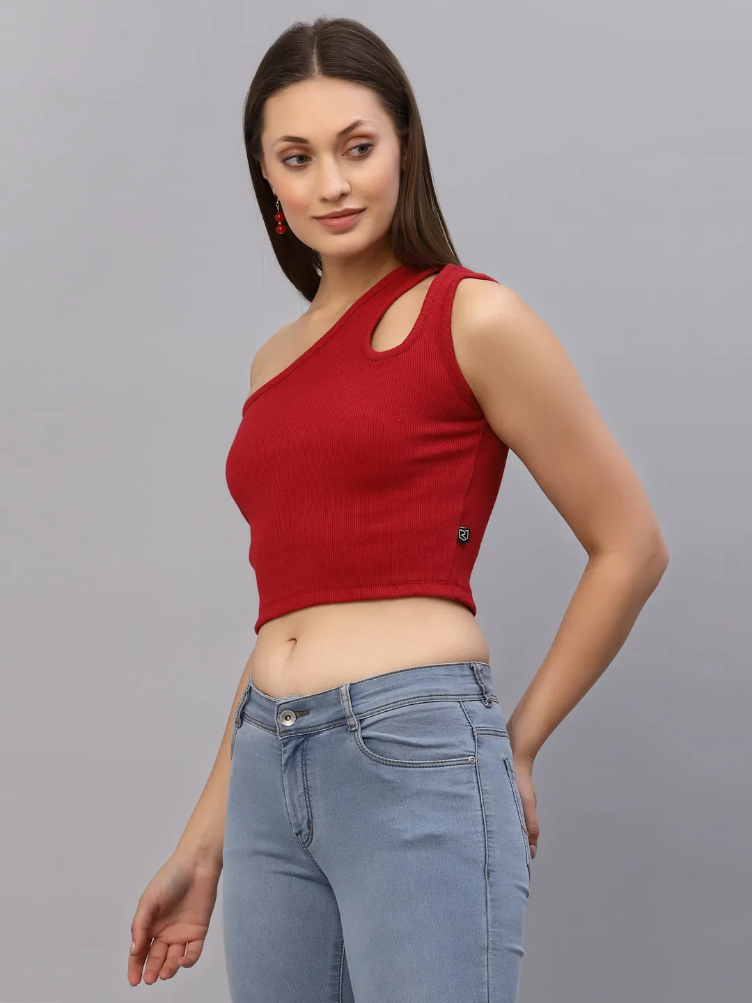 Red One Shoulder Ribbed Crop Top