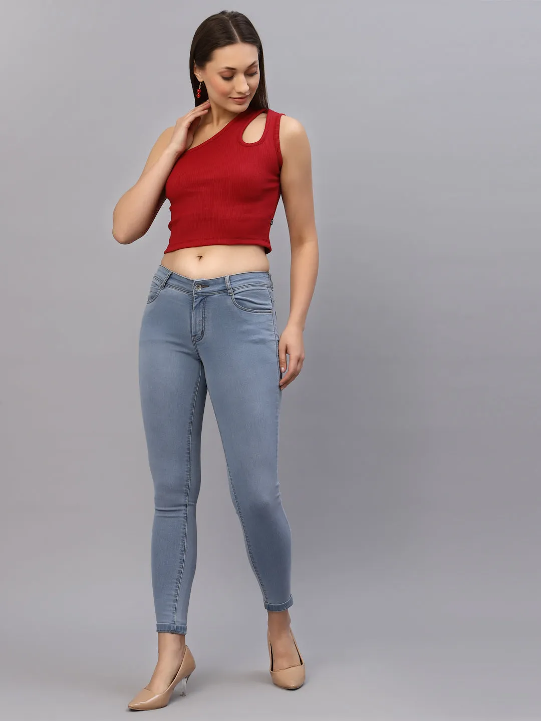 Red One Shoulder Ribbed Crop Top