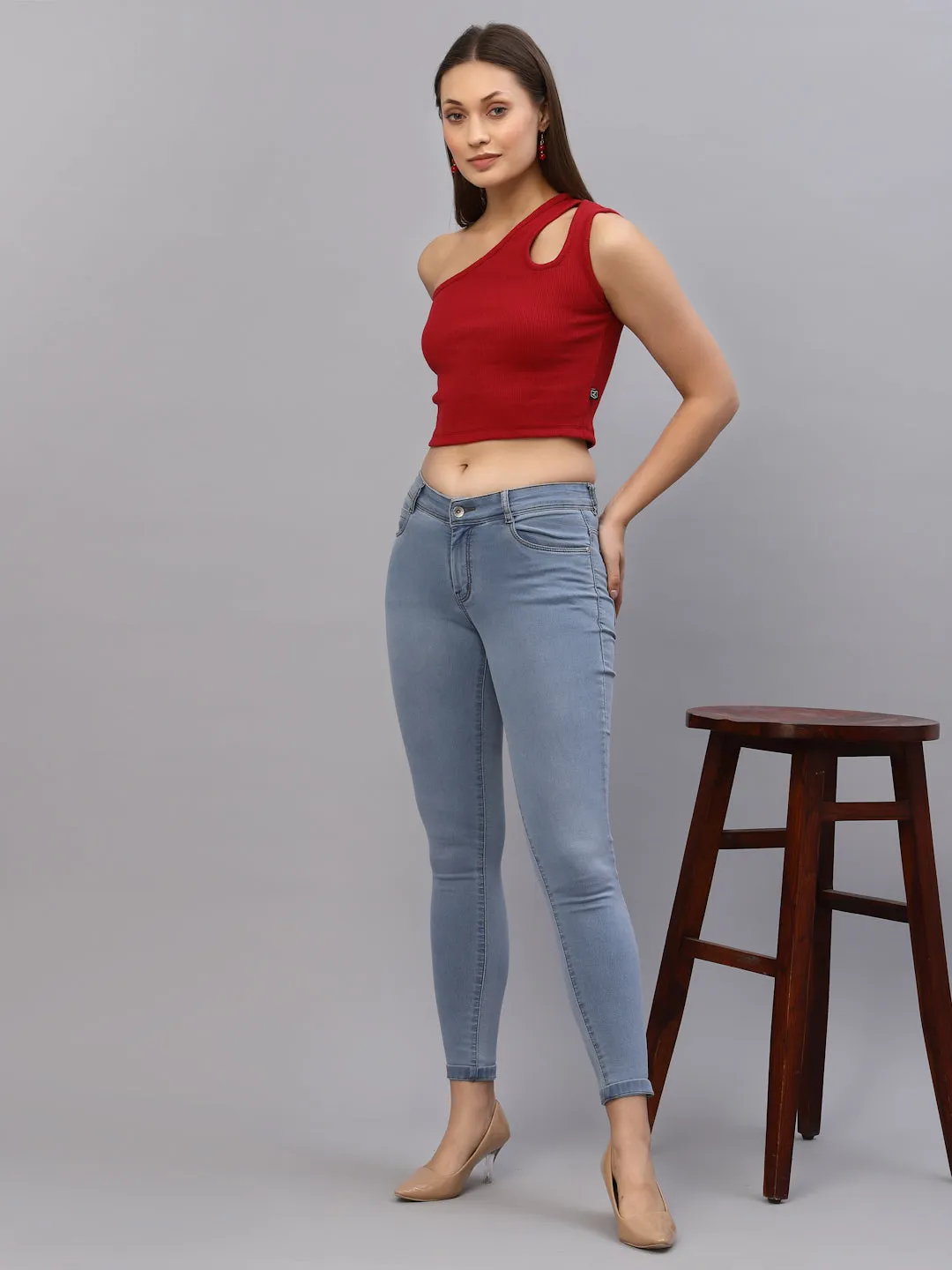 Red One Shoulder Ribbed Crop Top