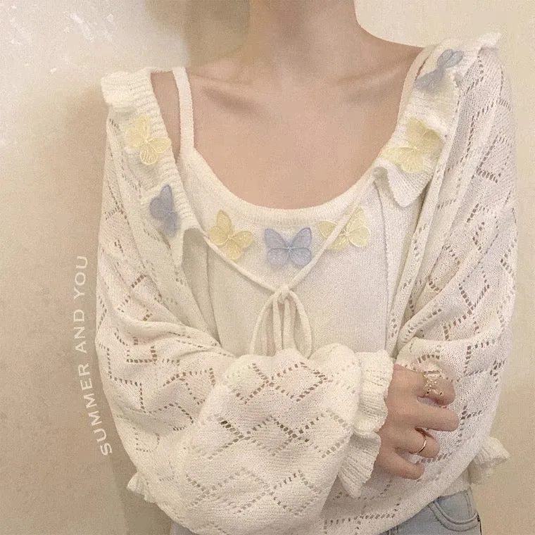 RETRO CREAM WHITE HOLLOW KNIT CARDIGAN BY90182