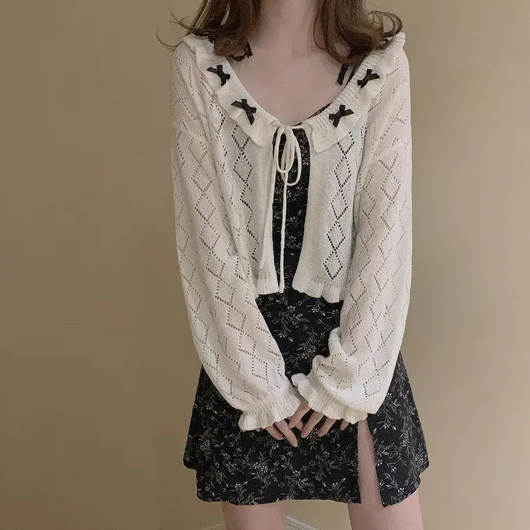 RETRO CREAM WHITE HOLLOW KNIT CARDIGAN BY90182