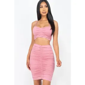 Ruched Crop Top And Skirt Sets