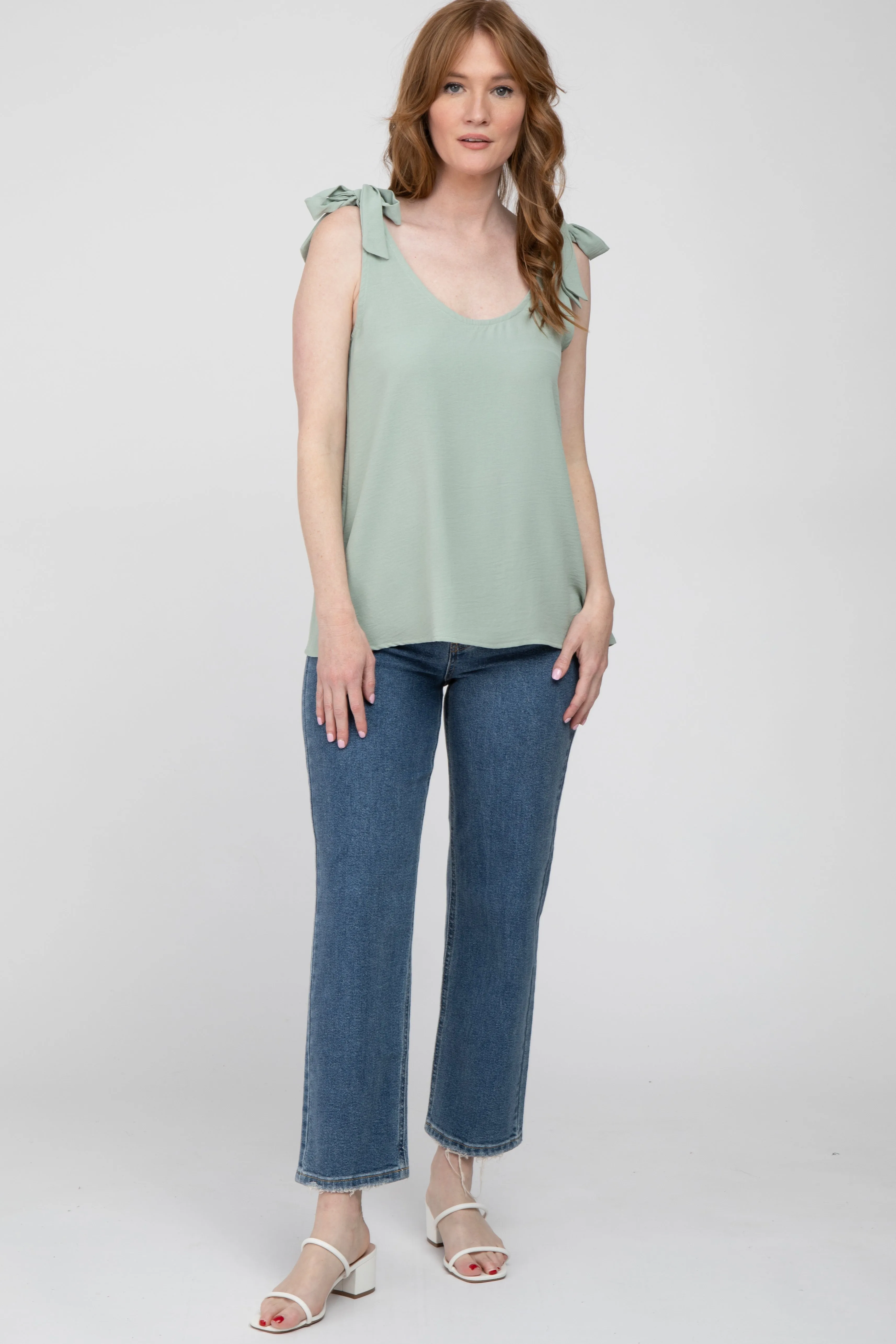 Sage Bow Shoulder Accent Sleeveless Top