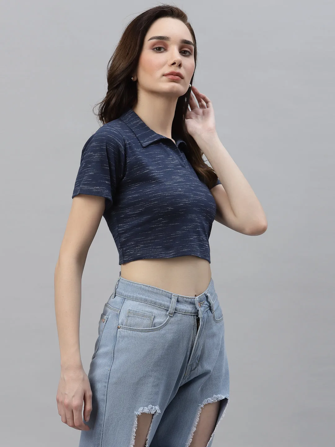 Self Texture Collared Crop Top