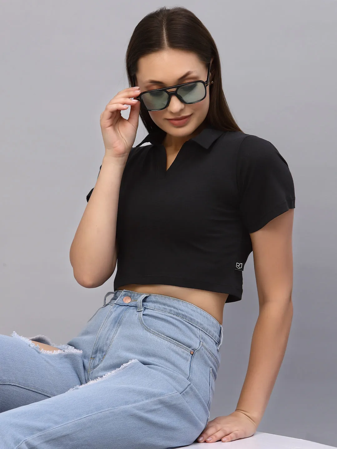 Self Texture Collared Crop Top