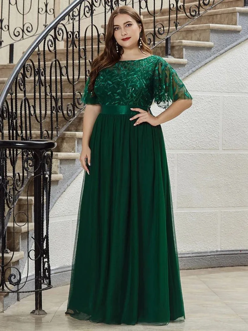 Sequin Print Plus Size Evening Dresses with Cap Sleeve