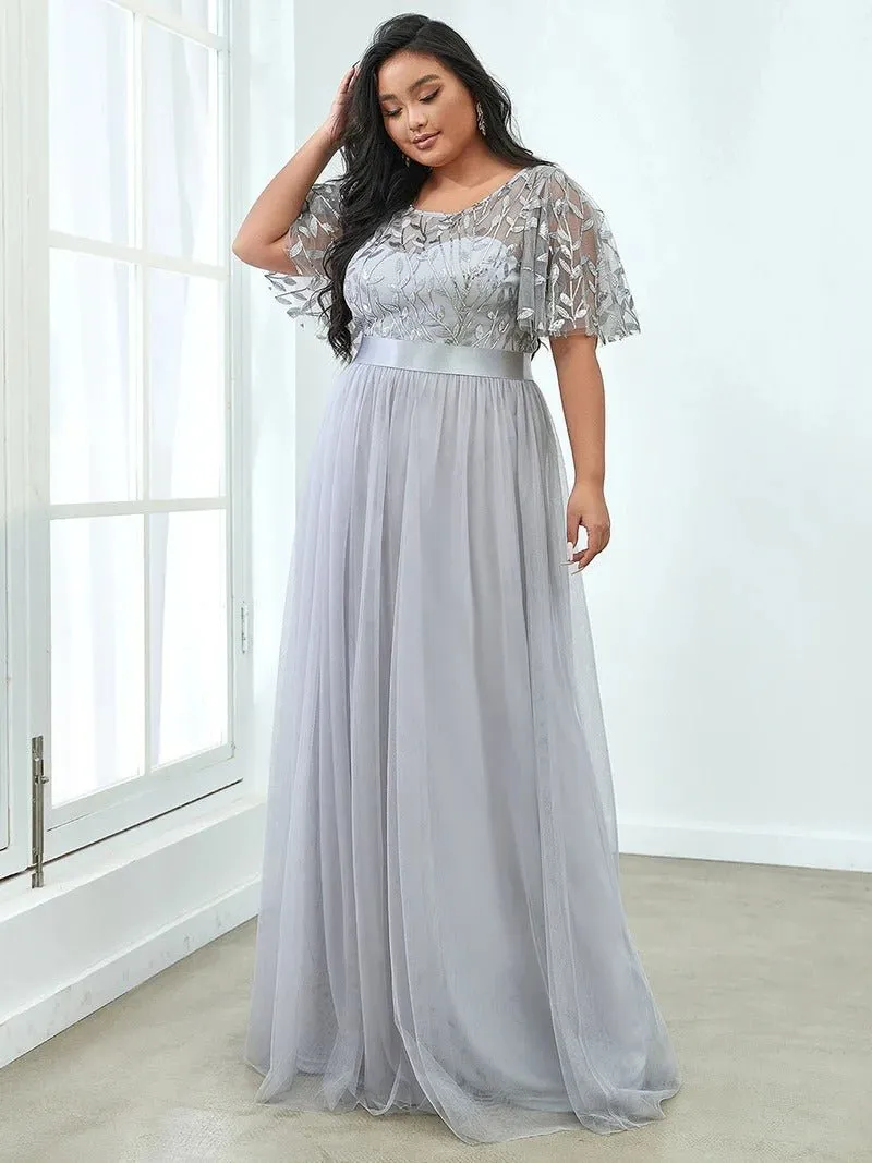 Sequin Print Plus Size Evening Dresses with Cap Sleeve