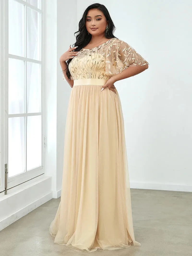 Sequin Print Plus Size Evening Dresses with Cap Sleeve