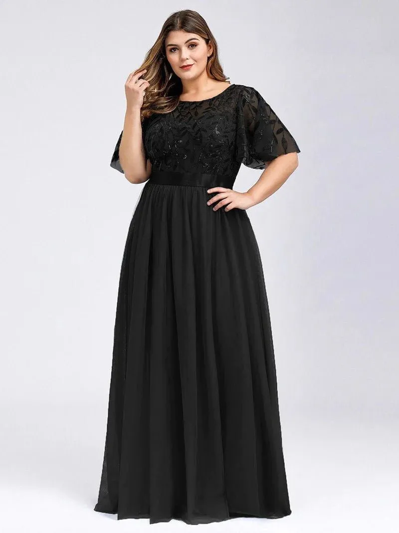 Sequin Print Plus Size Evening Dresses with Cap Sleeve