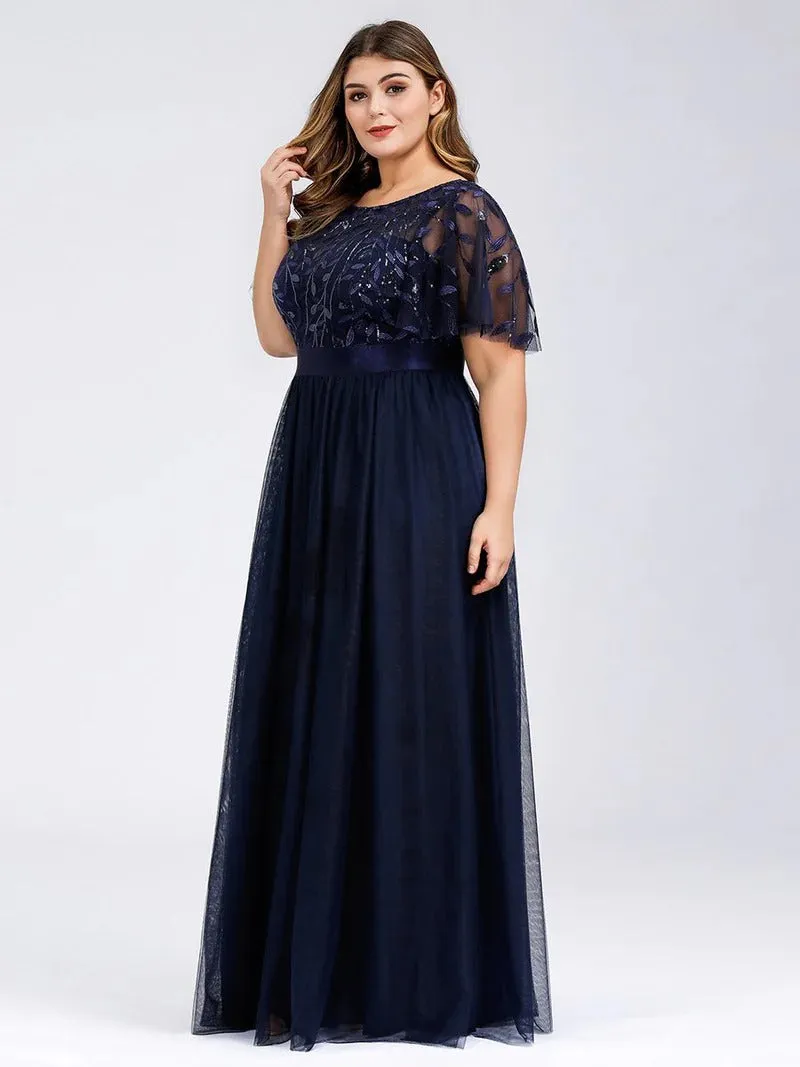 Sequin Print Plus Size Evening Dresses with Cap Sleeve