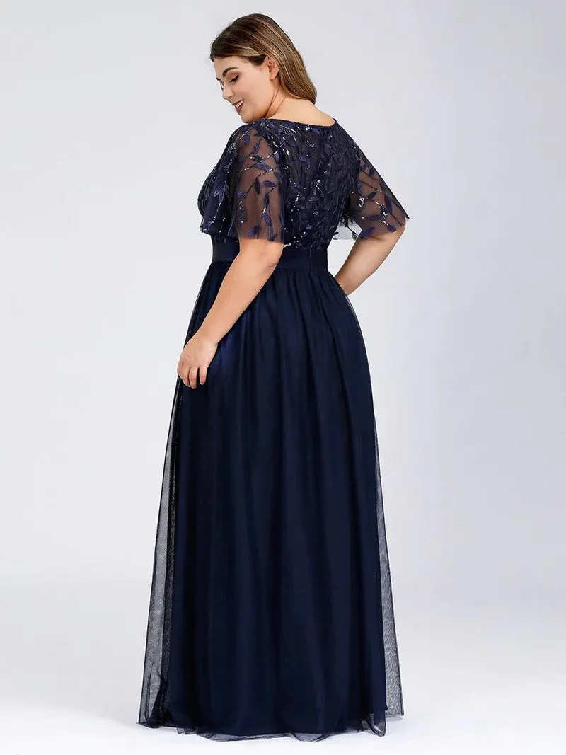 Sequin Print Plus Size Evening Dresses with Cap Sleeve