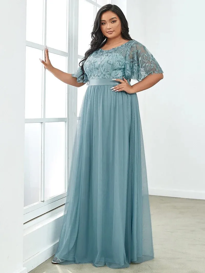 Sequin Print Plus Size Evening Dresses with Cap Sleeve