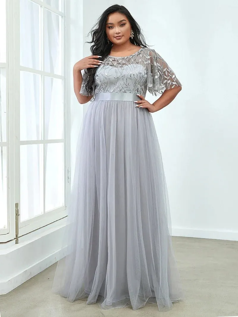 Sequin Print Plus Size Evening Dresses with Cap Sleeve