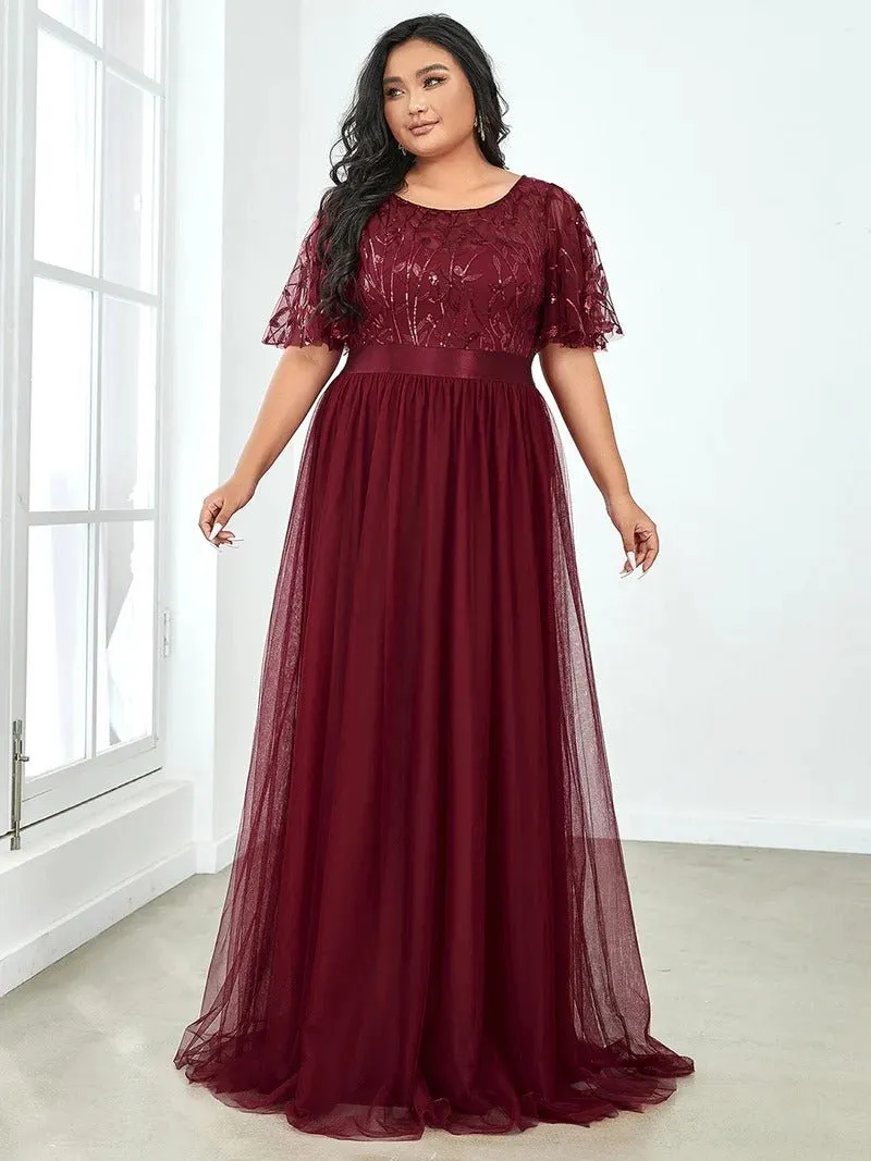 Sequin Print Plus Size Evening Dresses with Cap Sleeve