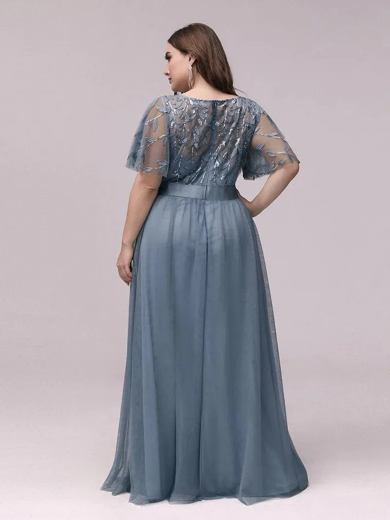 Sequin Print Plus Size Evening Dresses with Cap Sleeve