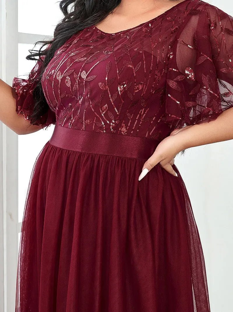 Sequin Print Plus Size Evening Dresses with Cap Sleeve