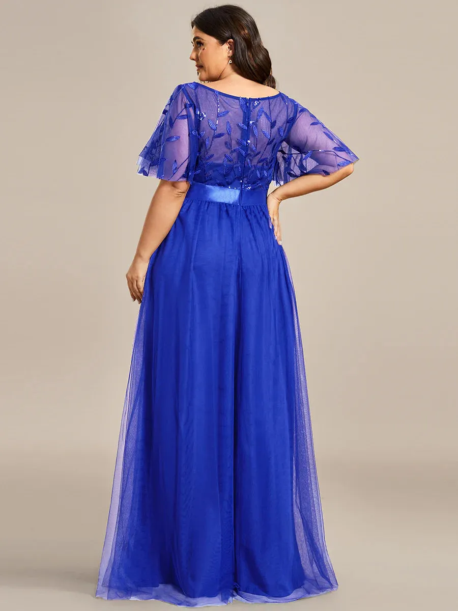 Sequin Print Plus Size Evening Dresses with Cap Sleeve