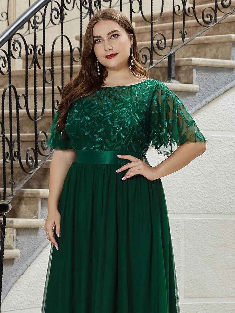 Sequin Print Plus Size Evening Dresses with Cap Sleeve