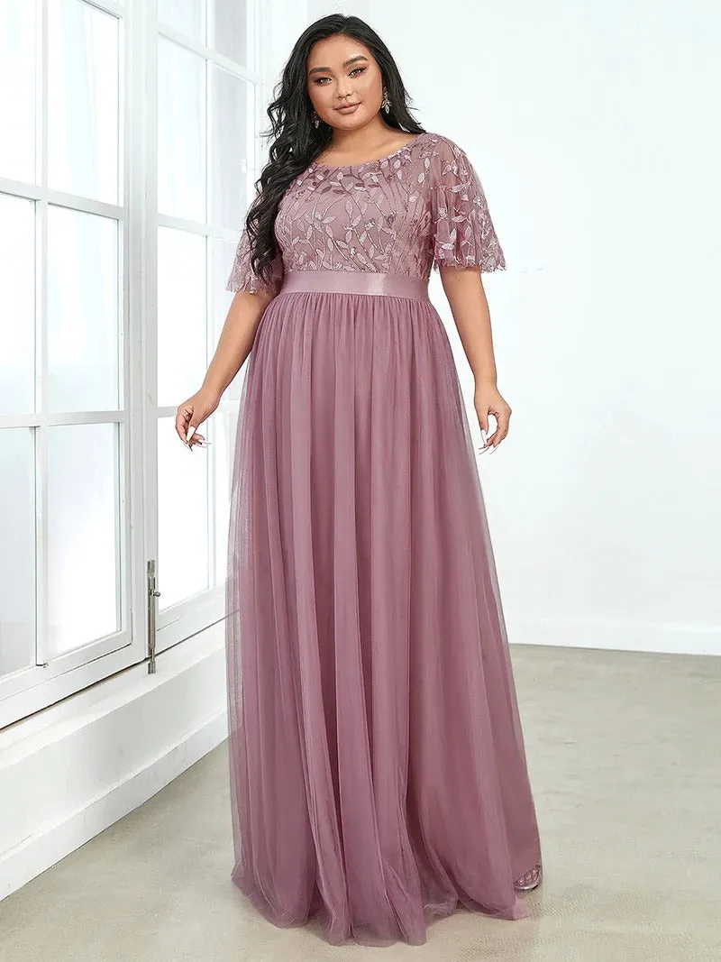 Sequin Print Plus Size Evening Dresses with Cap Sleeve