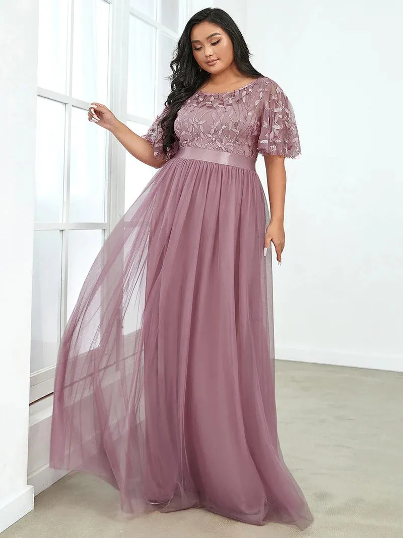 Sequin Print Plus Size Evening Dresses with Cap Sleeve