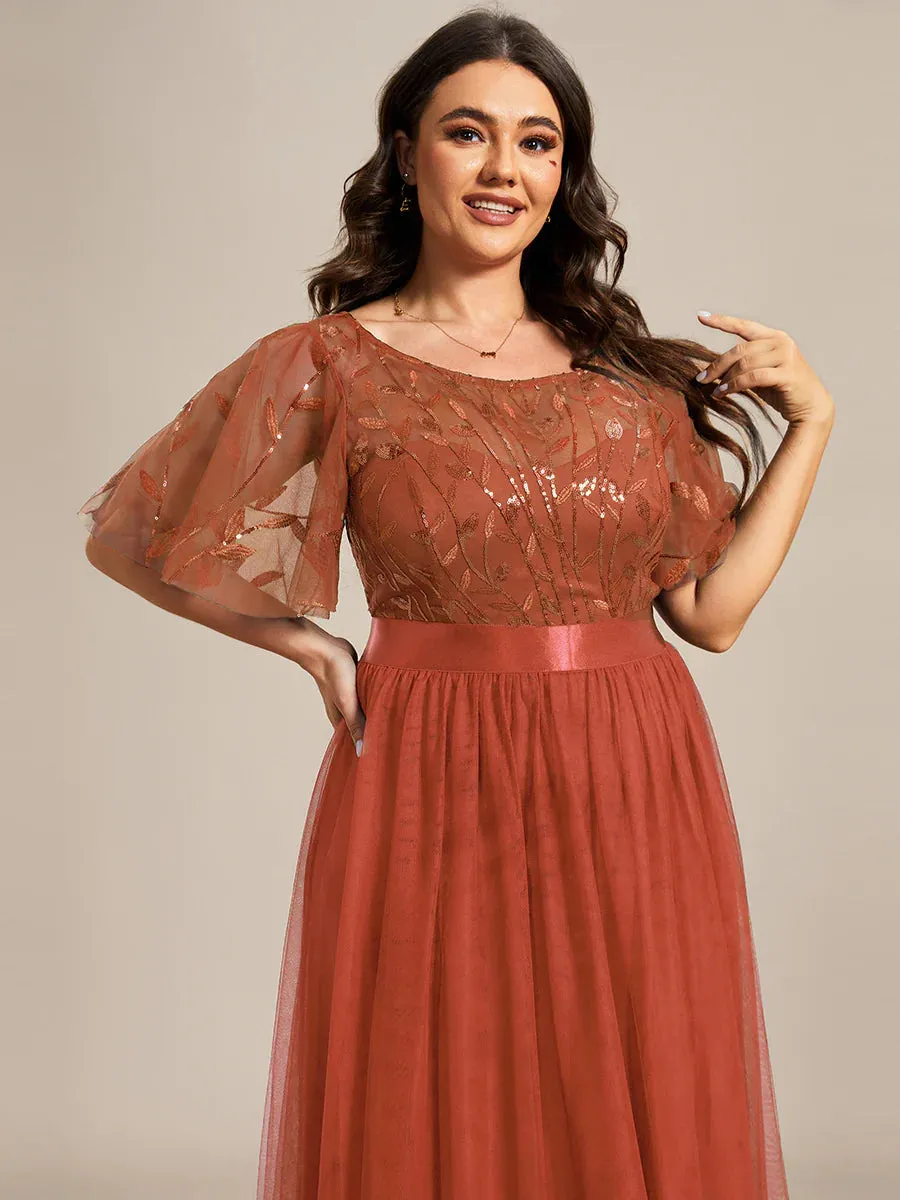 Sequin Print Plus Size Evening Dresses with Cap Sleeve