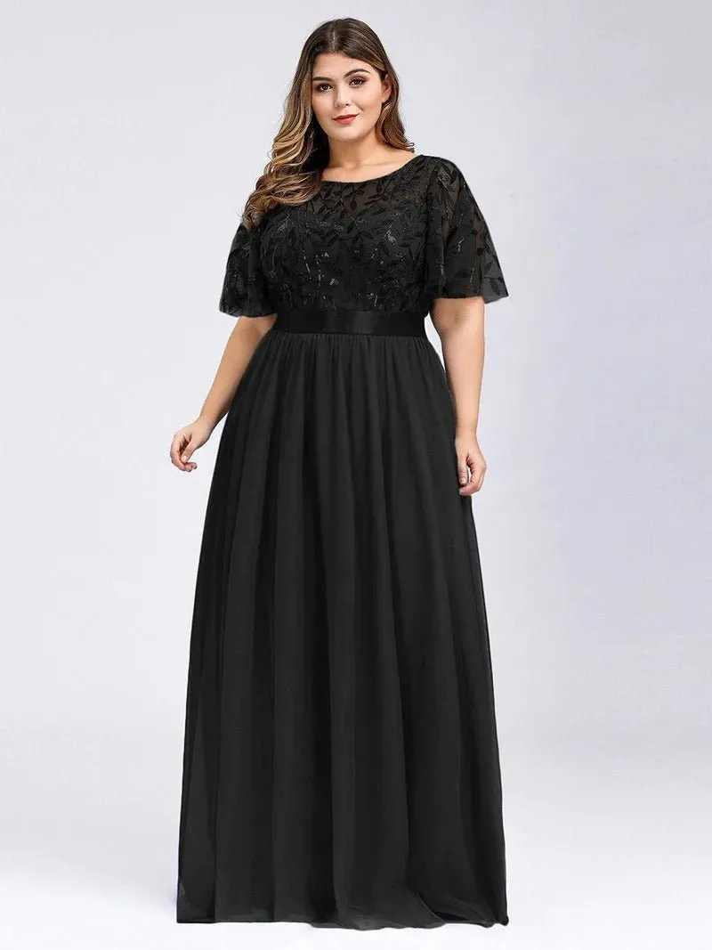 Sequin Print Plus Size Evening Dresses with Cap Sleeve