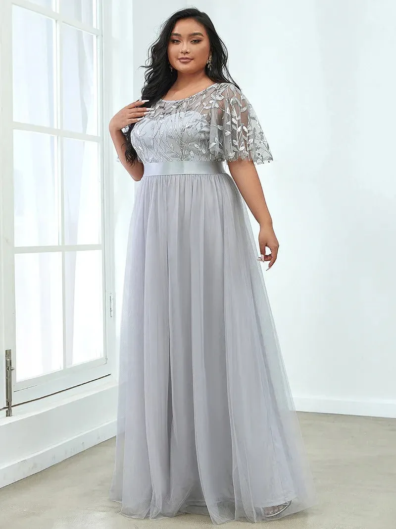 Sequin Print Plus Size Evening Dresses with Cap Sleeve