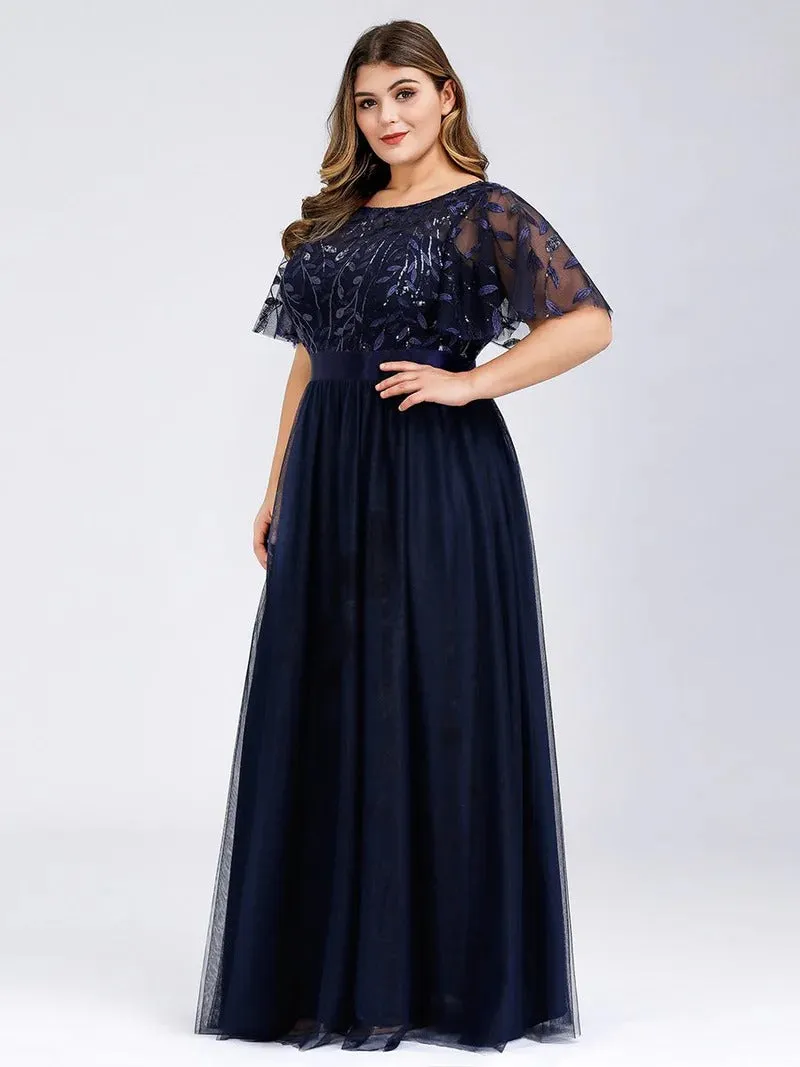 Sequin Print Plus Size Evening Dresses with Cap Sleeve