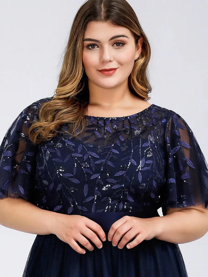 Sequin Print Plus Size Evening Dresses with Cap Sleeve