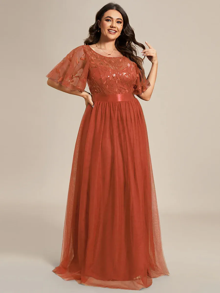 Sequin Print Plus Size Evening Dresses with Cap Sleeve