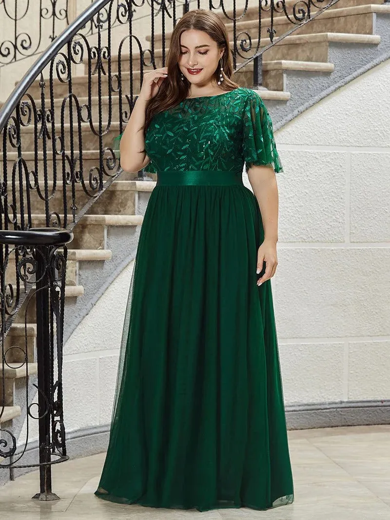 Sequin Print Plus Size Evening Dresses with Cap Sleeve