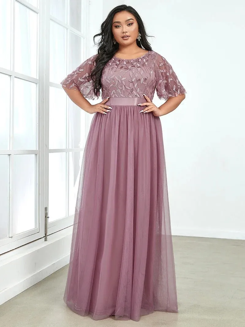 Sequin Print Plus Size Evening Dresses with Cap Sleeve