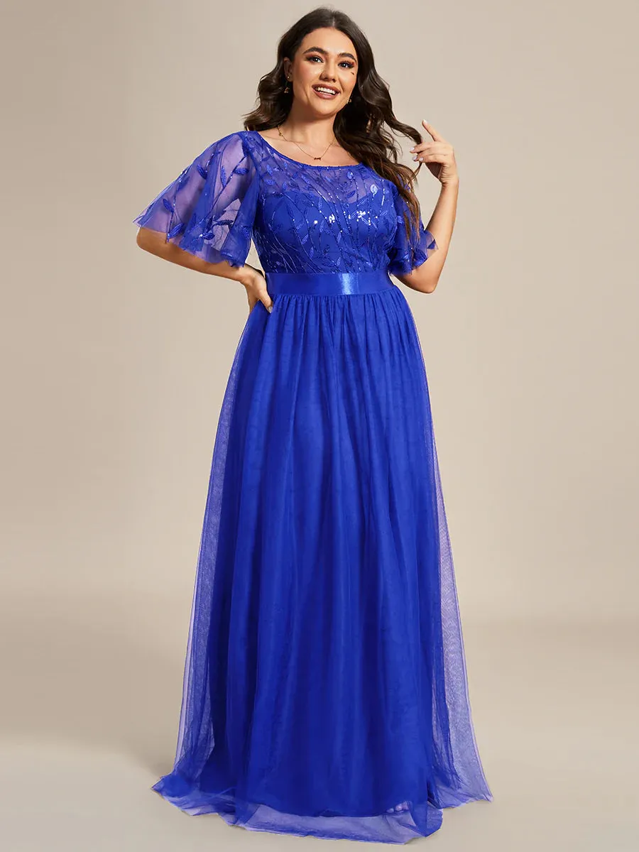 Sequin Print Plus Size Evening Dresses with Cap Sleeve