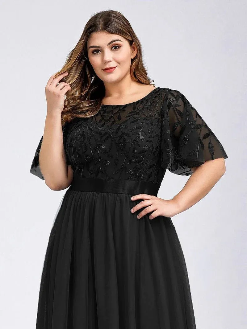 Sequin Print Plus Size Evening Dresses with Cap Sleeve